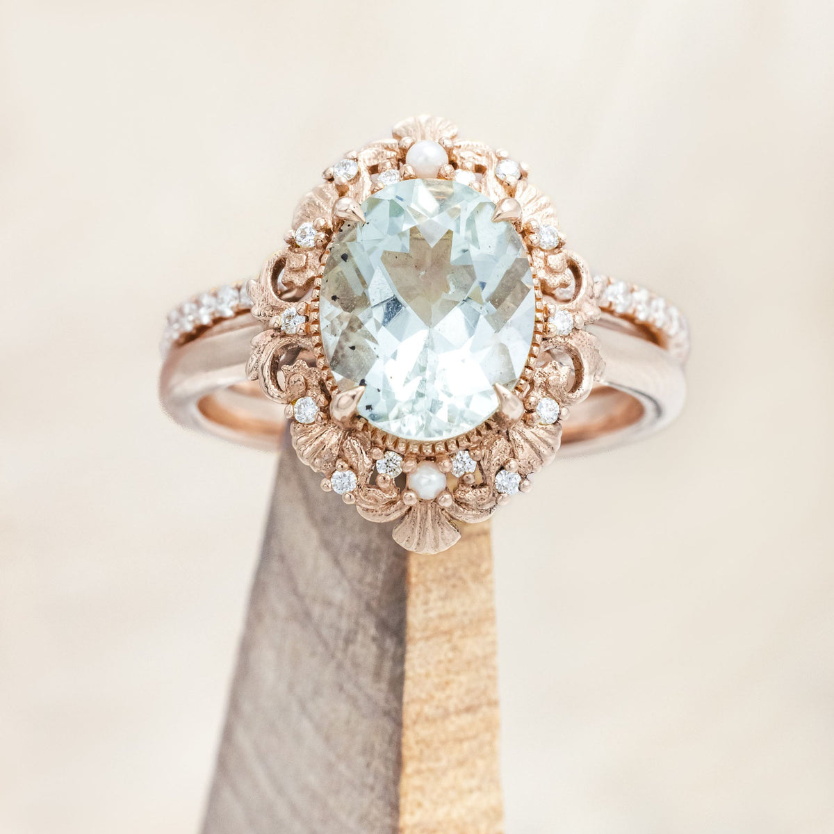 "Merrow" - Oval Cut Prasiolite Engagement Ring With Pearl Accents And Diamond Tracer