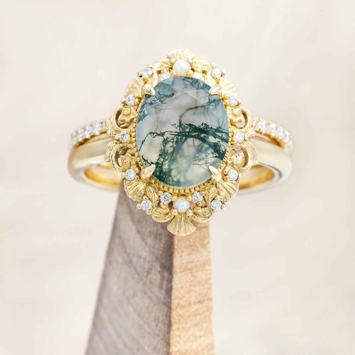 "Merrow" - Oval Cut Moss Agate Engagement Ring With Pearl Accents And Diamond Tracer