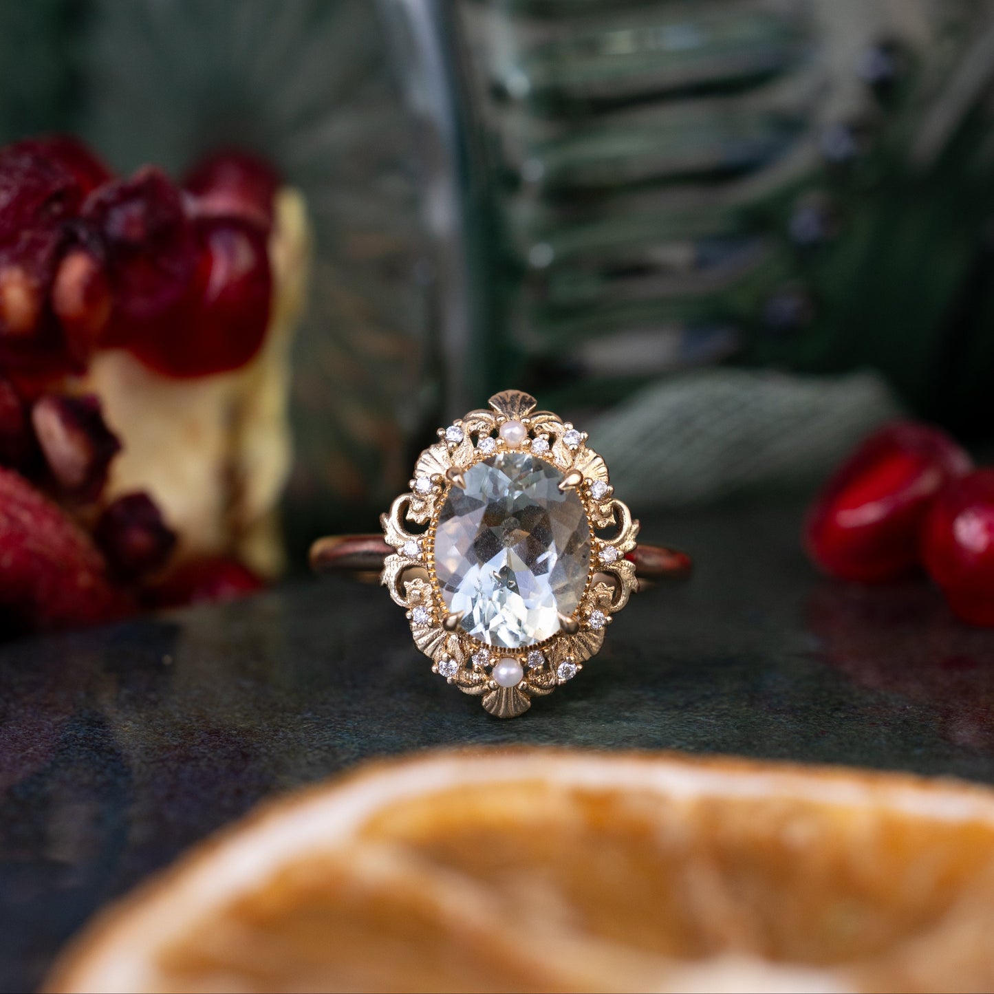 "Merrow" - Oval Cut Prasiolite Engagement Ring With Pearl Accents And Diamond Tracer