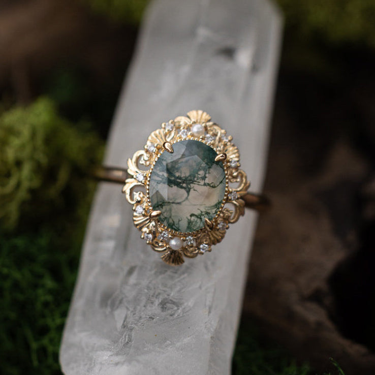 "Merrow" - Oval Cut Moss Agate Engagement Ring With Pearl Accents And Diamond Tracer
