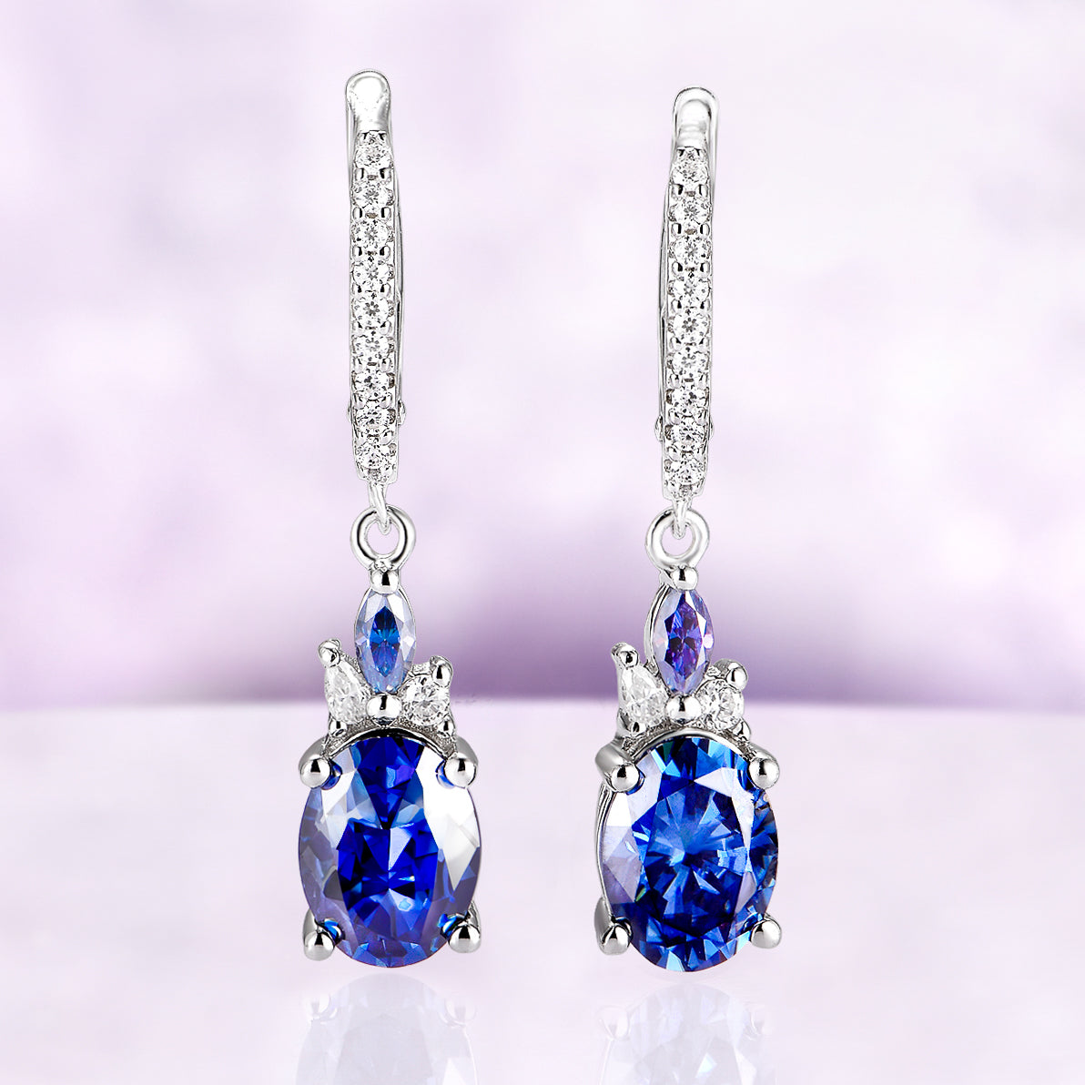 Midnight Blue Moissanite Drop Earrings in Sterling Silver