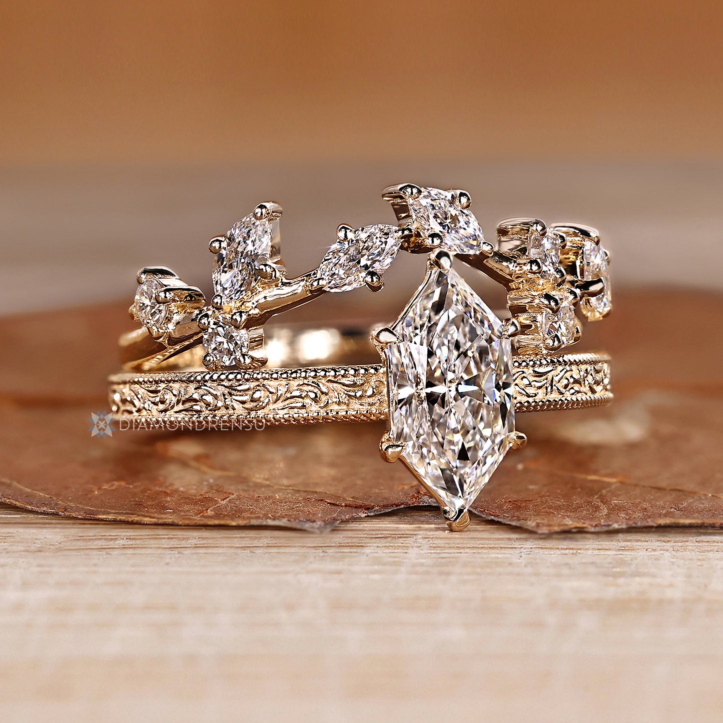 Dutch Marquise Wedding Ring in Ocean Waves Style