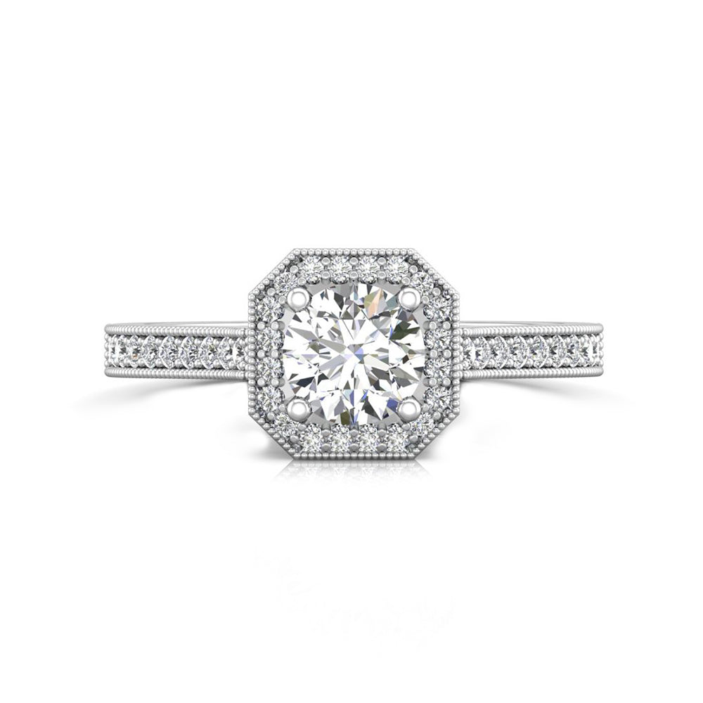 Milgrain Halo Round Moissanite Octagonal Frame Pave Engagement Ring