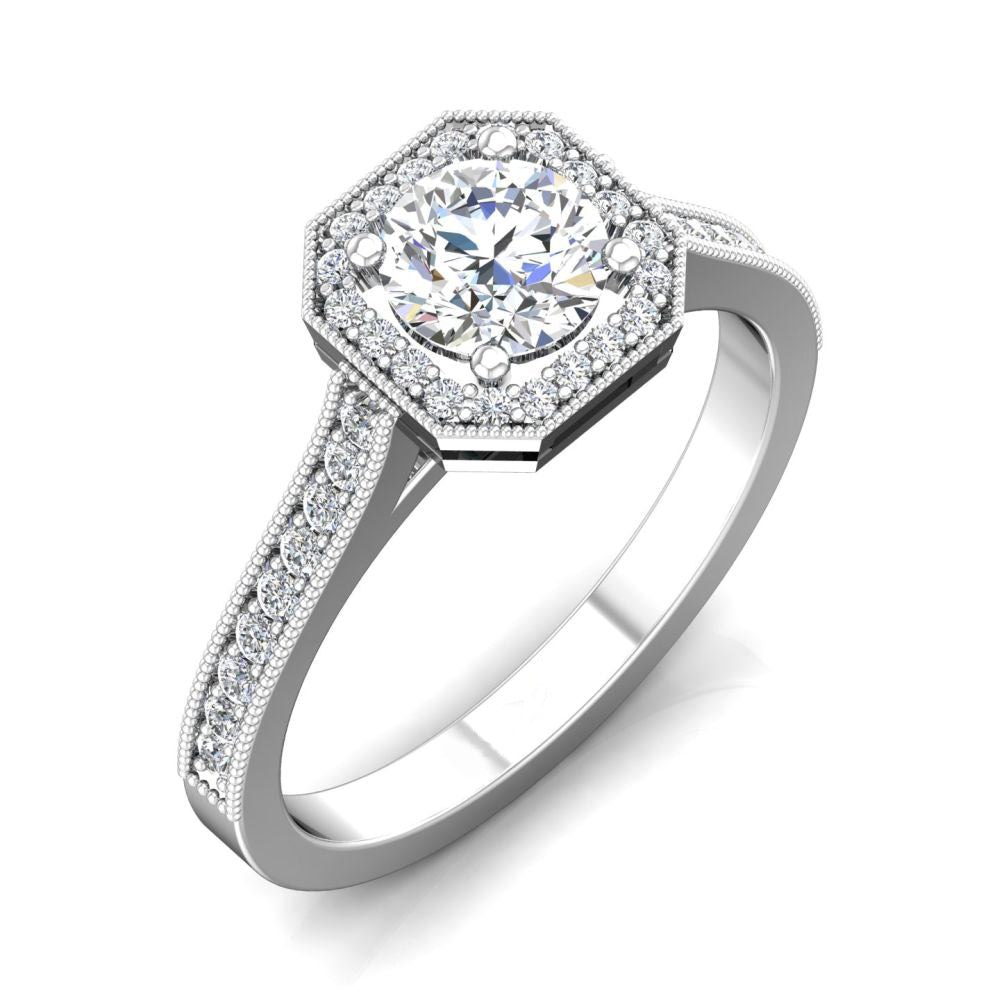Milgrain Halo Round Moissanite Octagonal Frame Pave Engagement Ring
