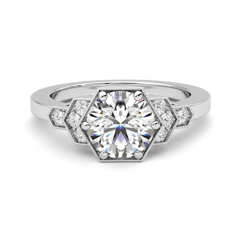 Milgrain Hexagonal Moissanite Bead Set Accents Engagement Ring