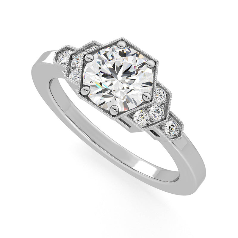 Milgrain Hexagonal Moissanite Bead Set Accents Engagement Ring