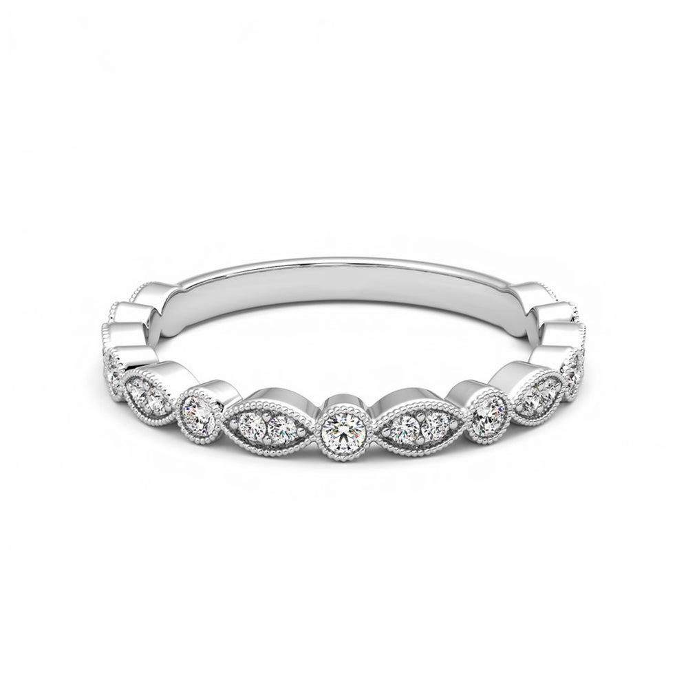 Milgrain Marquise and Dot Moissanite Half Eternity Wedding Band Ring In Sterling Silver