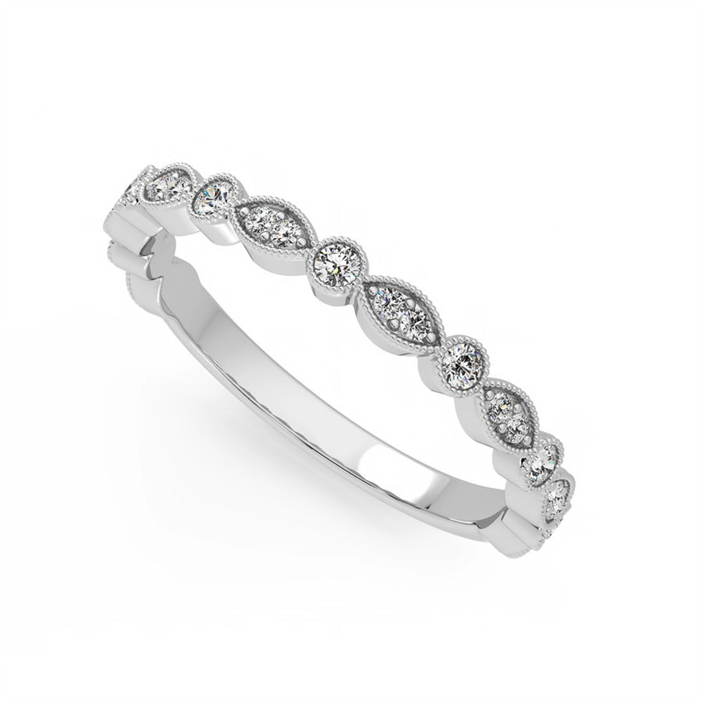 Milgrain Marquise and Dot Moissanite Half Eternity Wedding Band Ring In Sterling Silver