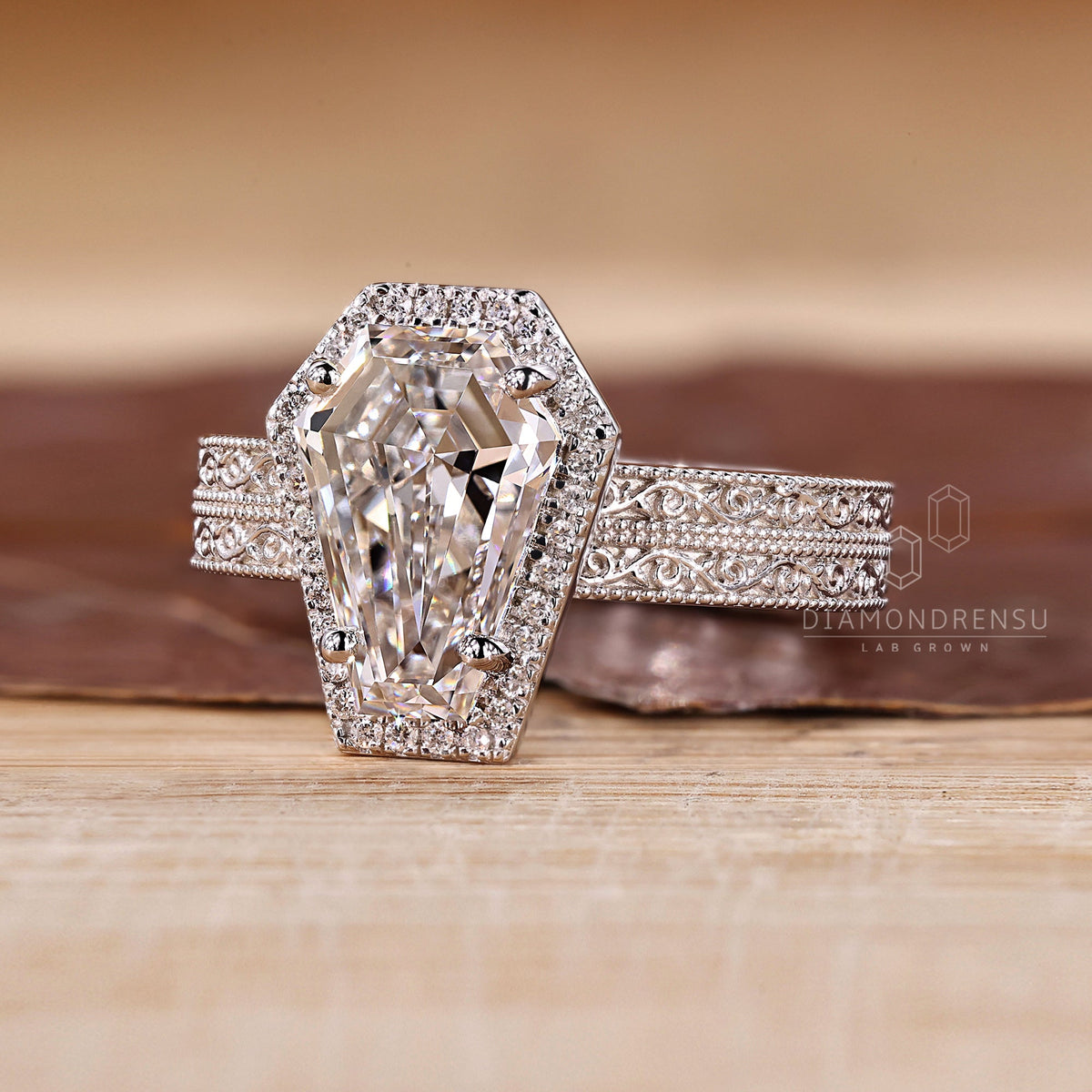 Coffin Cut Engagement Ring with Milgrain Details