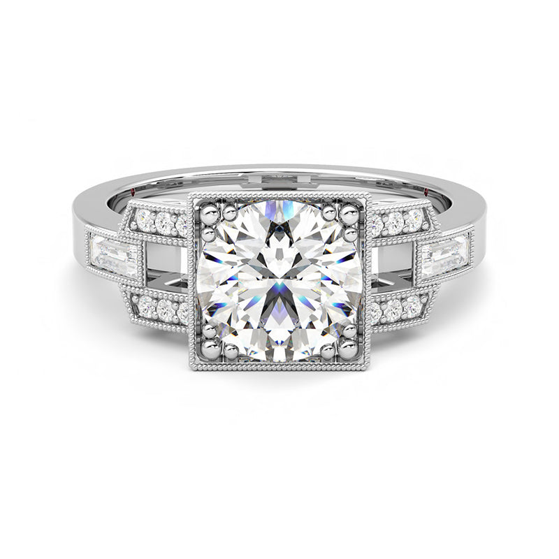Milgrain Square Moissanite With Baguette Engagement Ring