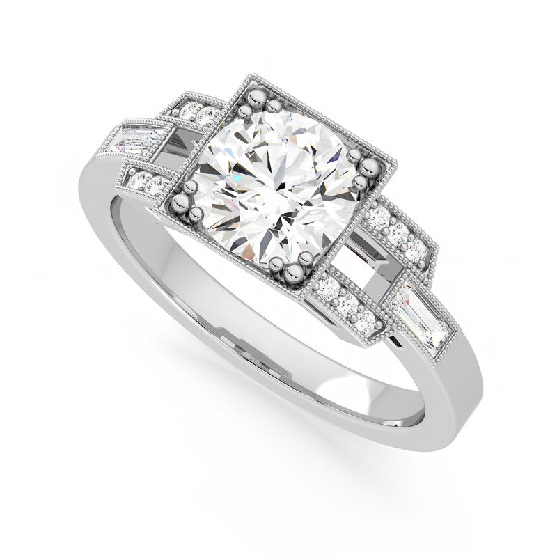 Milgrain Square Moissanite With Baguette Engagement Ring