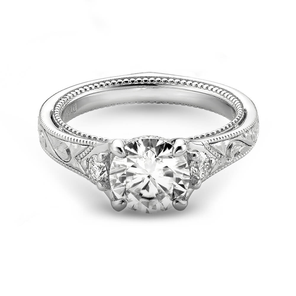 Milgrain Three Stone Moissanite Hidden Halo Engagement Ring