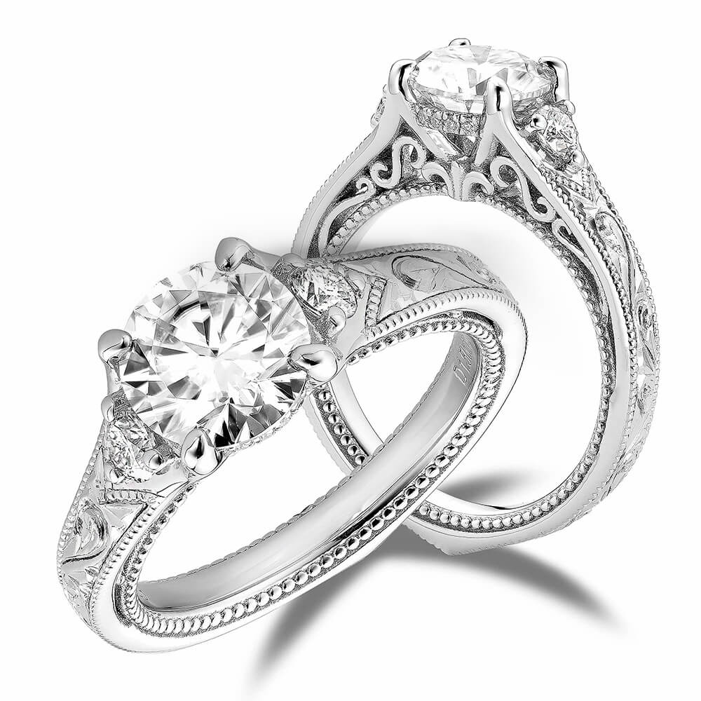 Milgrain Three Stone Moissanite Hidden Halo Engagement Ring