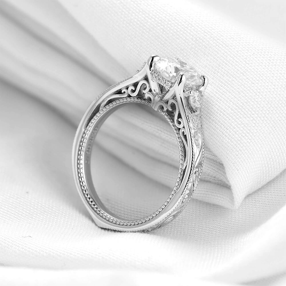 Milgrain Three Stone Moissanite Hidden Halo Engagement Ring