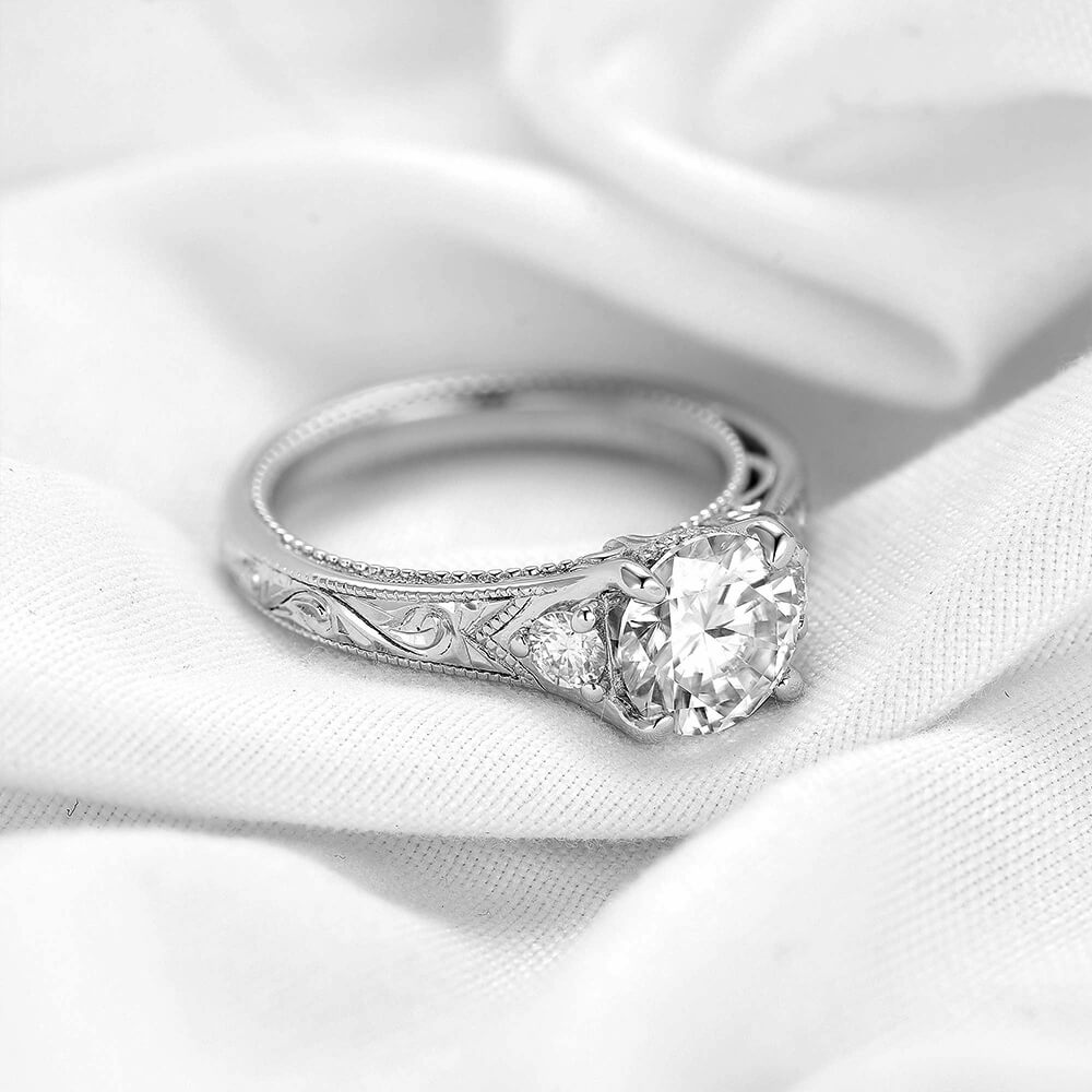 Milgrain Three Stone Moissanite Hidden Halo Engagement Ring