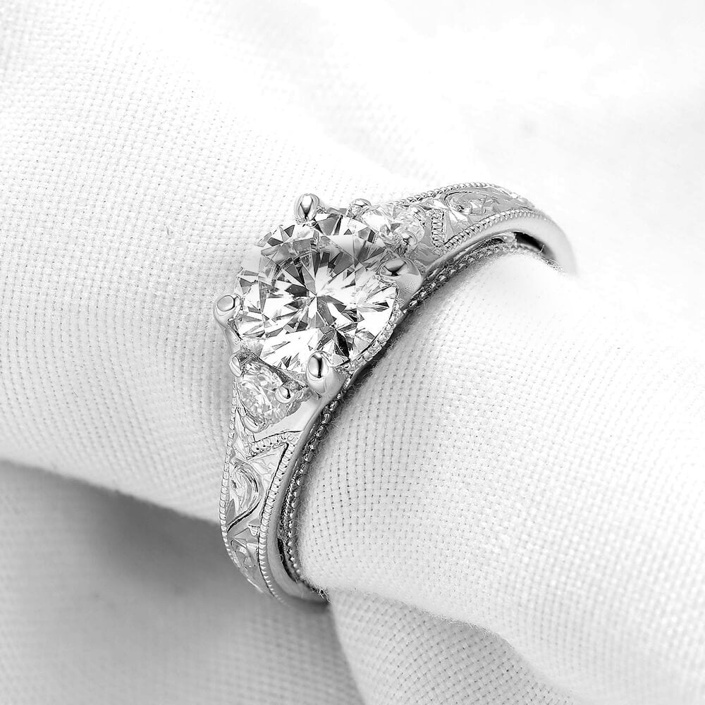 Milgrain Three Stone Moissanite Hidden Halo Engagement Ring