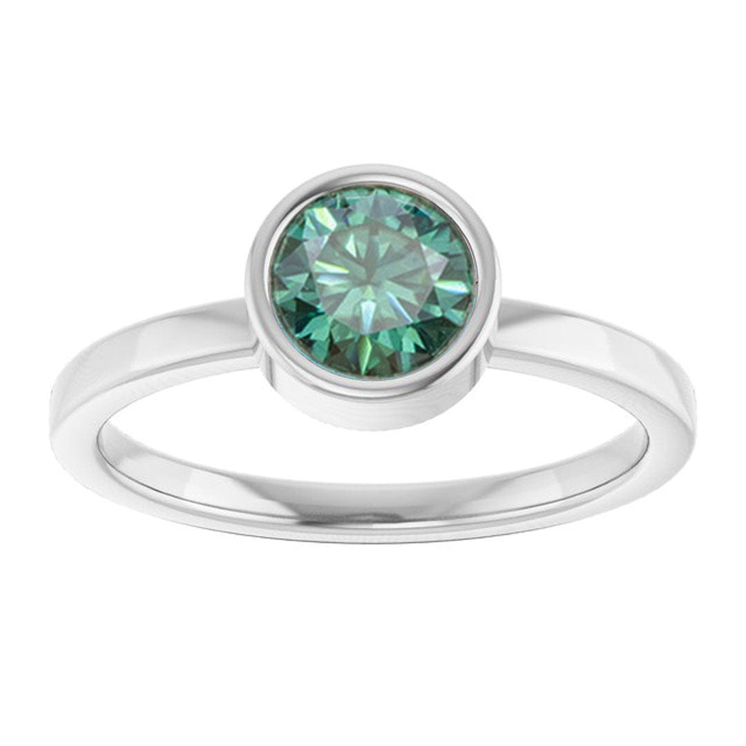 Minimal Round Green Moissanite Bezel Low Profile Solitaire Engagement Ring