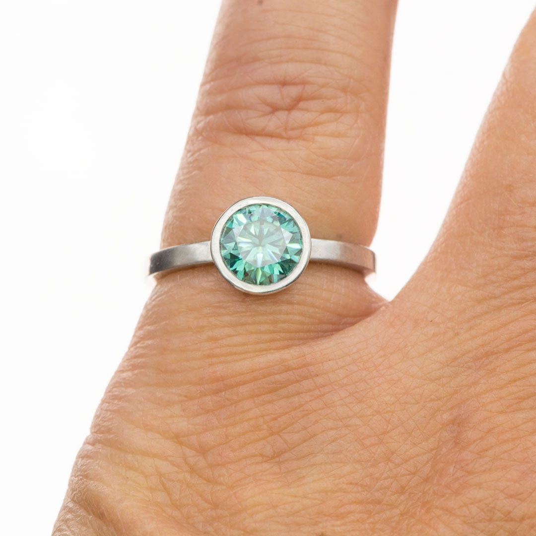 Minimal Round Green Moissanite Bezel Low Profile Solitaire Engagement Ring