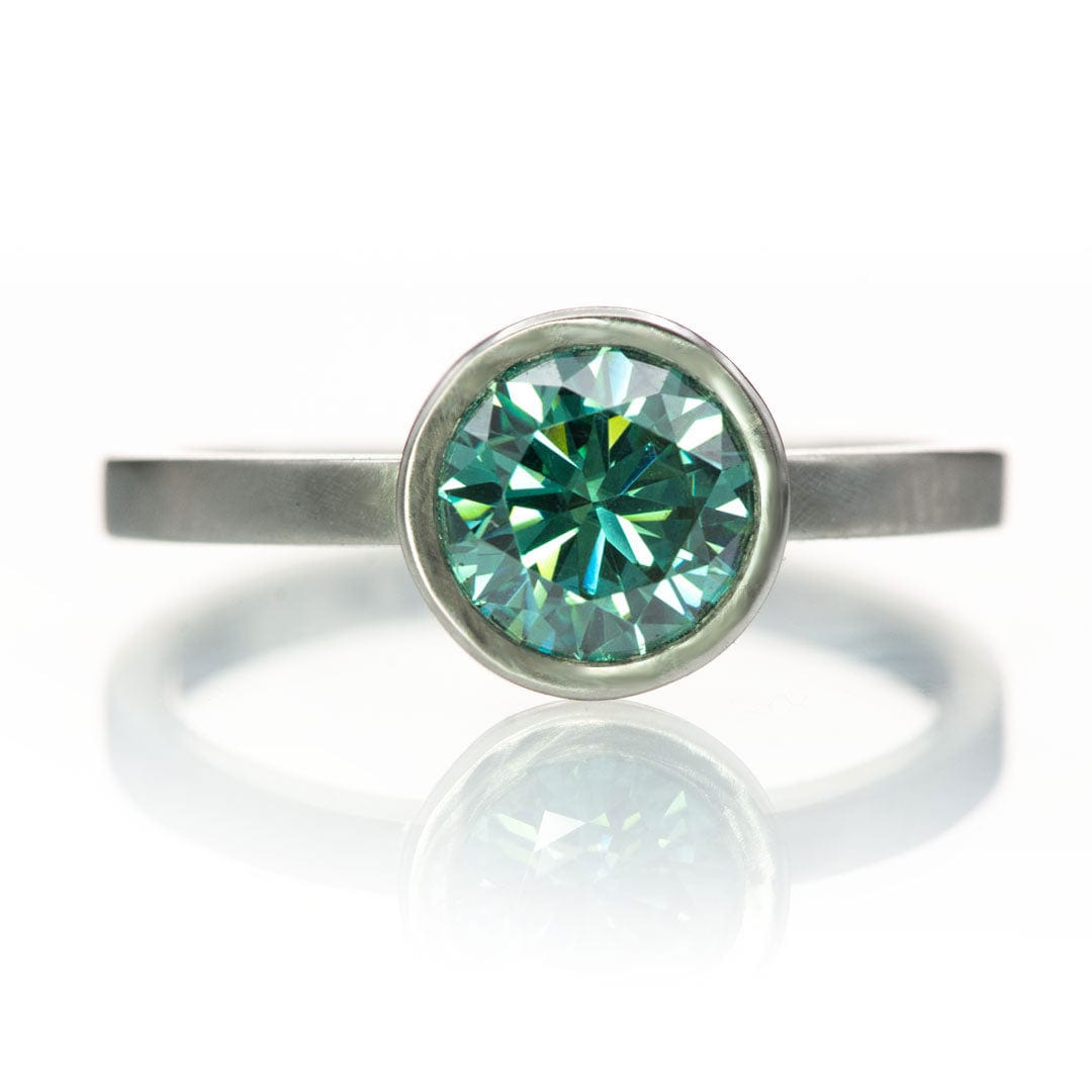Minimal Round Green Moissanite Bezel Low Profile Solitaire Engagement Ring