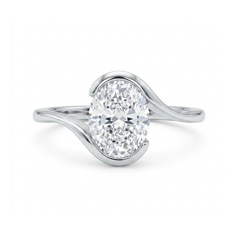 Minimalist Half-Bezel Solitaire Bypass Oval Cut Moissanite Engagement Ring