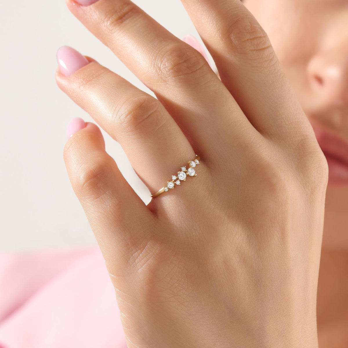 14k Solid Gold Diamond Cluster Ring • Unique Stackable Wedding Band • Dainty Minimalist Gift for Mom/Her