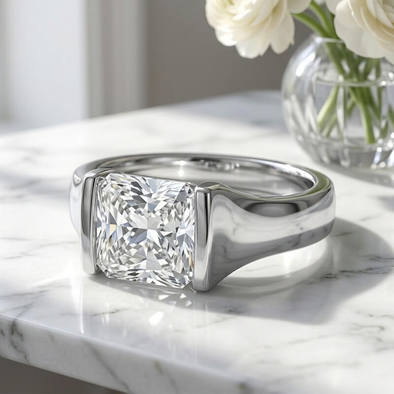 Minimalist Solitaire Radiant Cut Half Bezel Moissanite Engagement Ring