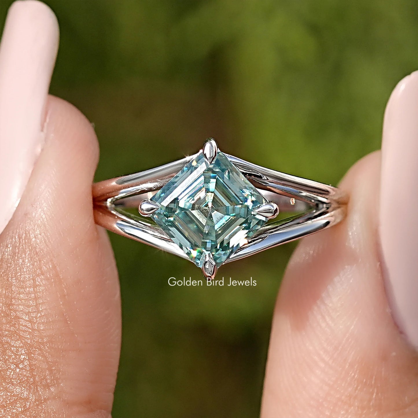 Asscher Cut Moissanite Split Shank Ring