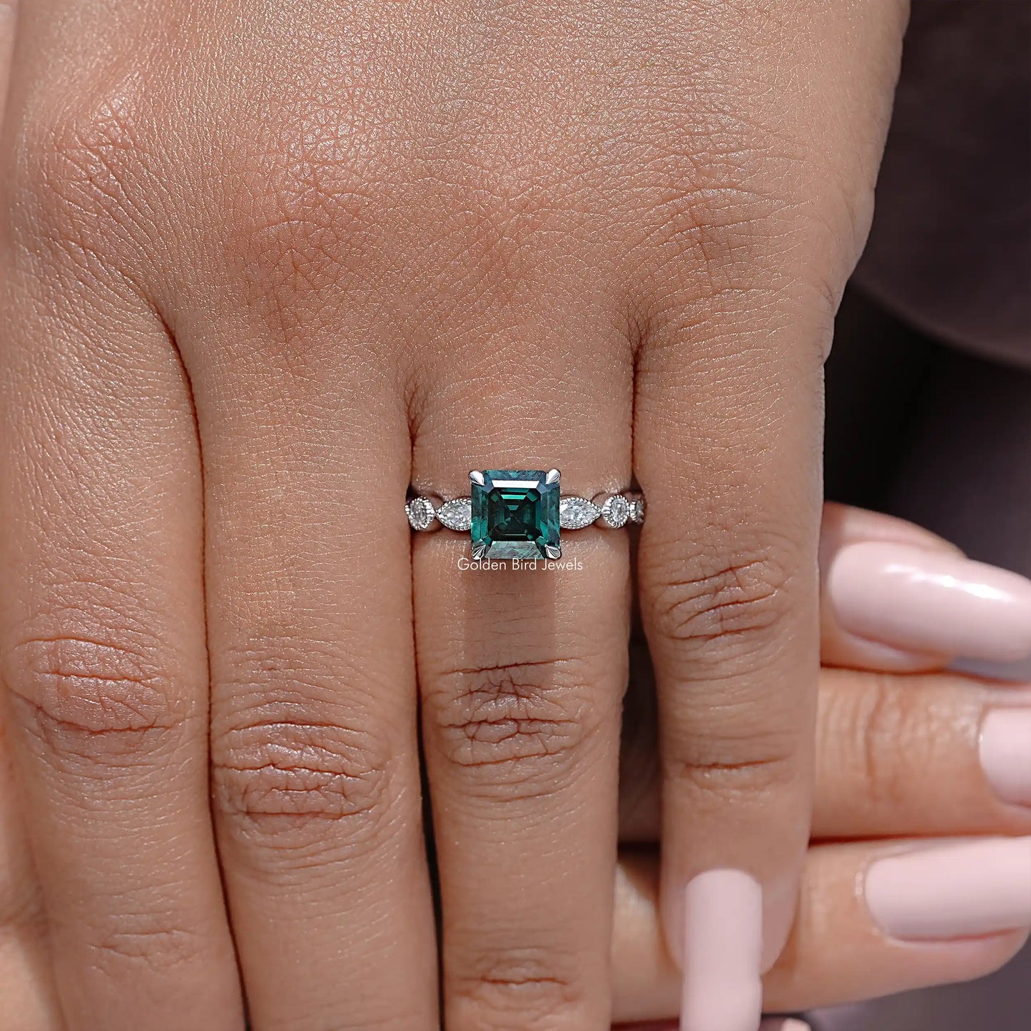 Green Asscher Moissanite Engagement Ring