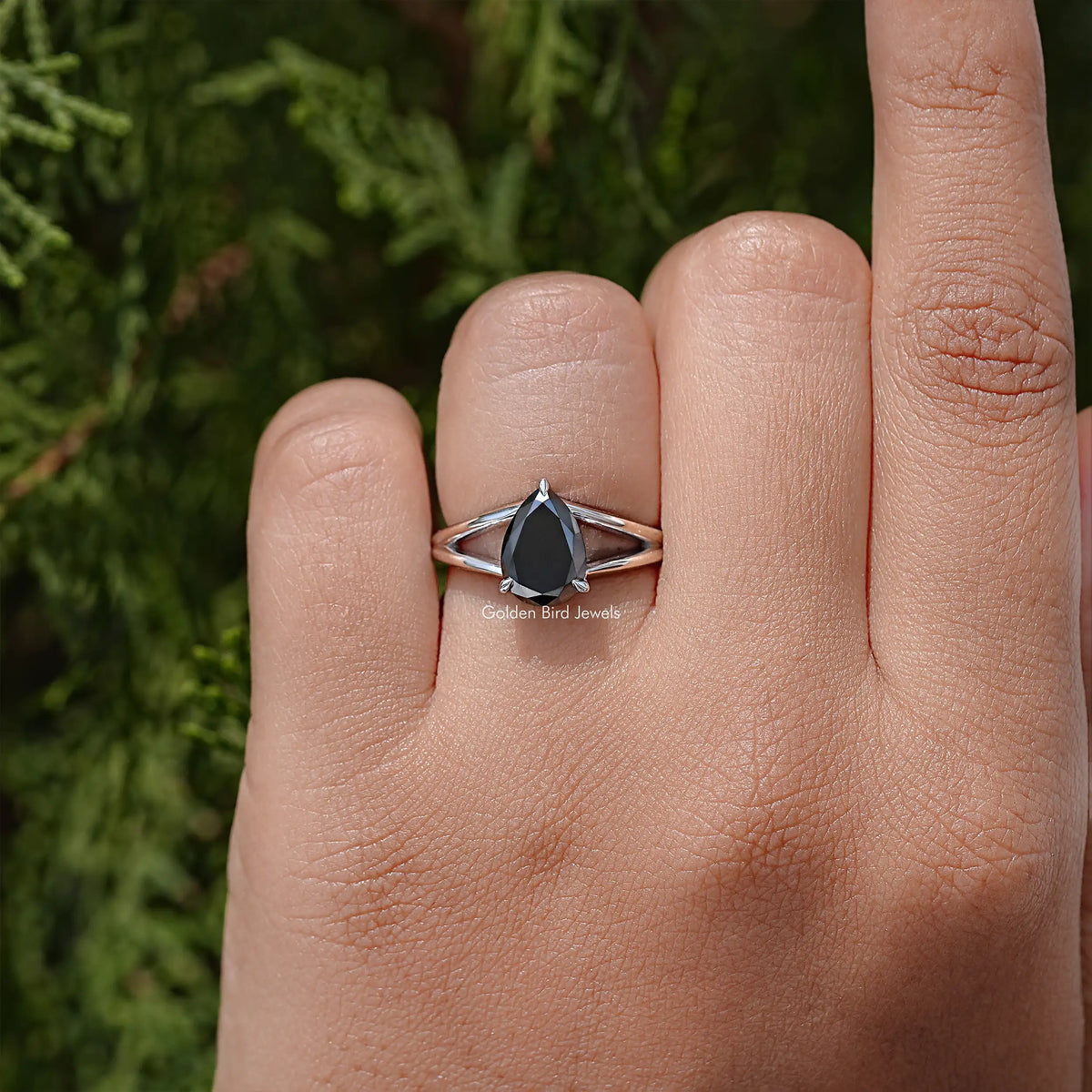 Black Pear Cut Moissanite Split Shank Ring