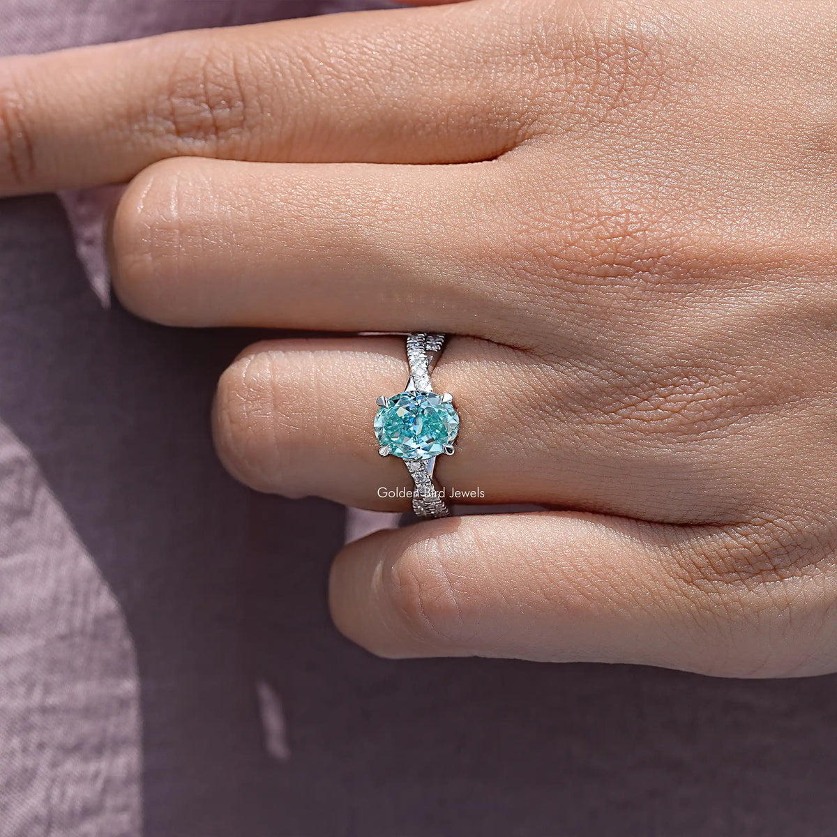 Blue Oval Moissanite Accent Wedding Ring