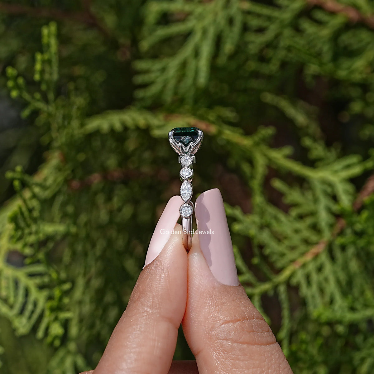 Green Asscher Moissanite Engagement Ring