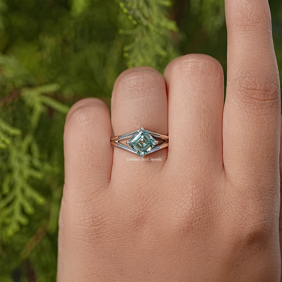Asscher Cut Moissanite Split Shank Ring