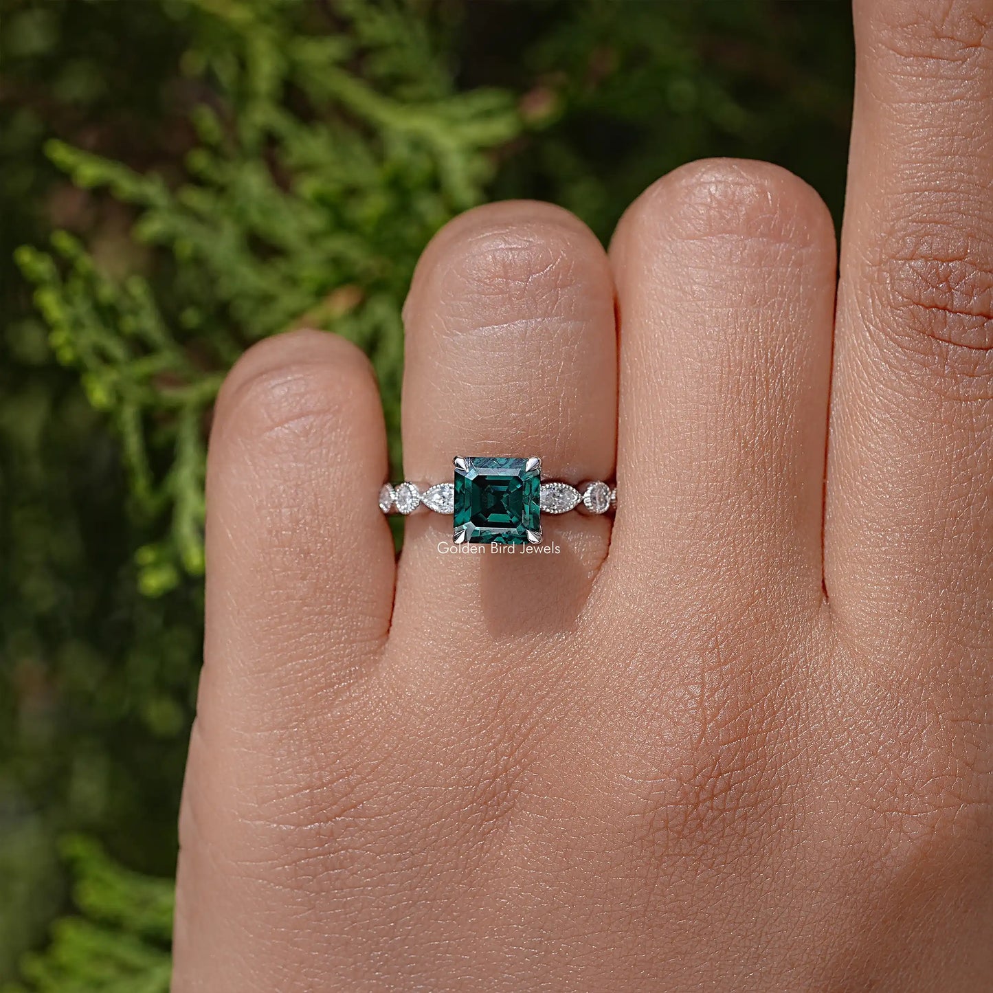 Green Asscher Moissanite Engagement Ring