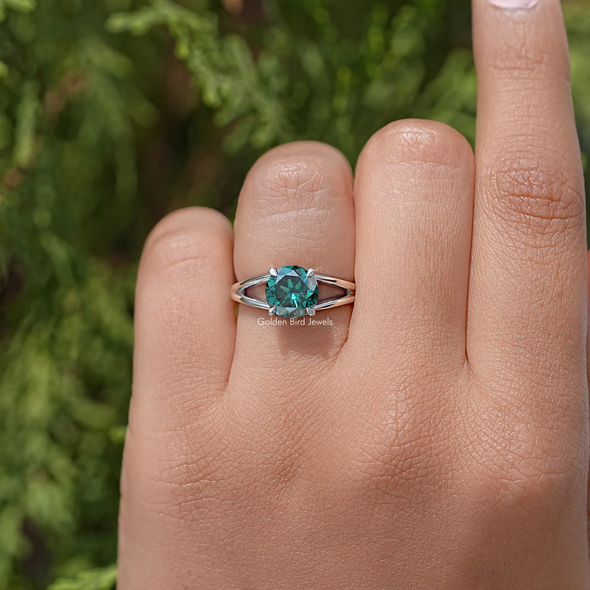 Round Cut Moissanite Split Shank Engagement Ring