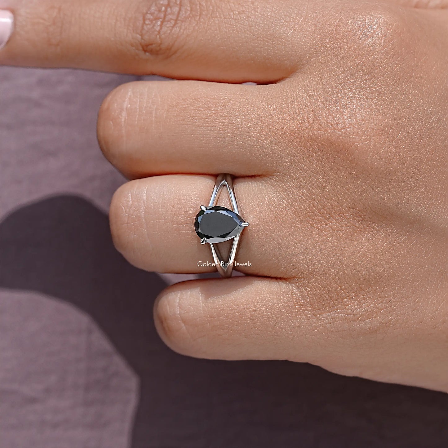 Black Pear Cut Moissanite Split Shank Ring