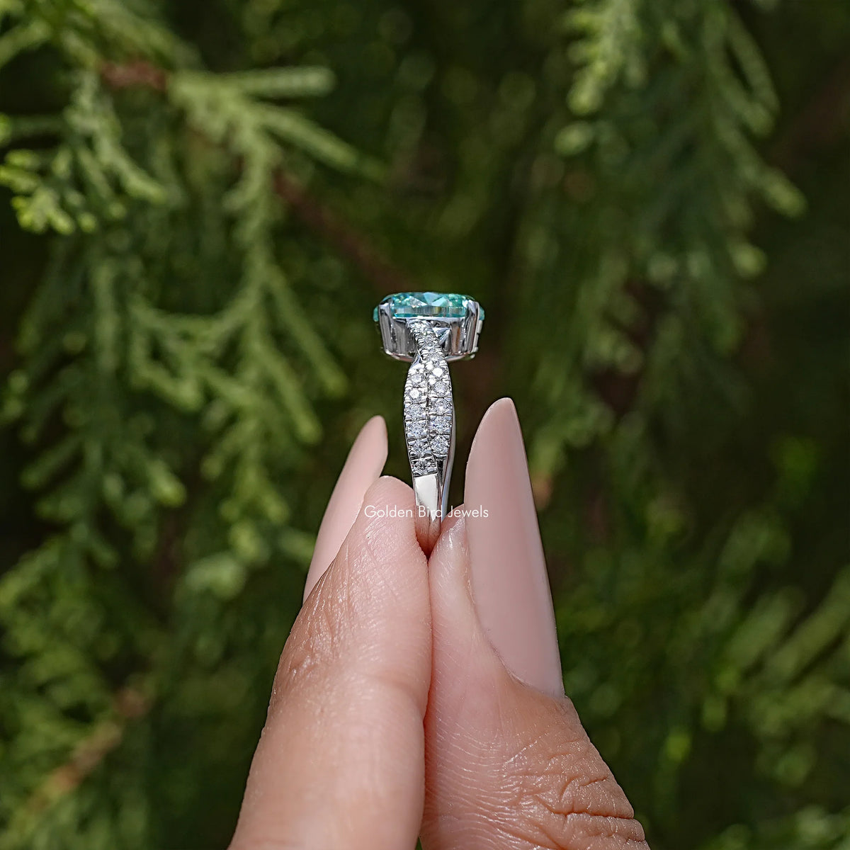 Blue Oval Moissanite Accent Wedding Ring