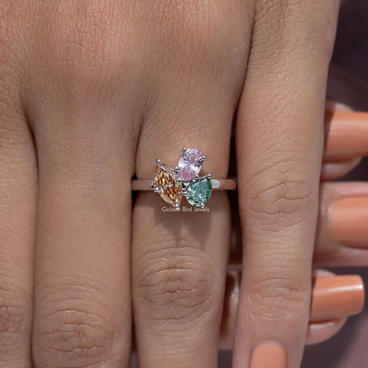 Three Stone Moissanite Gemstone Engagement Ring