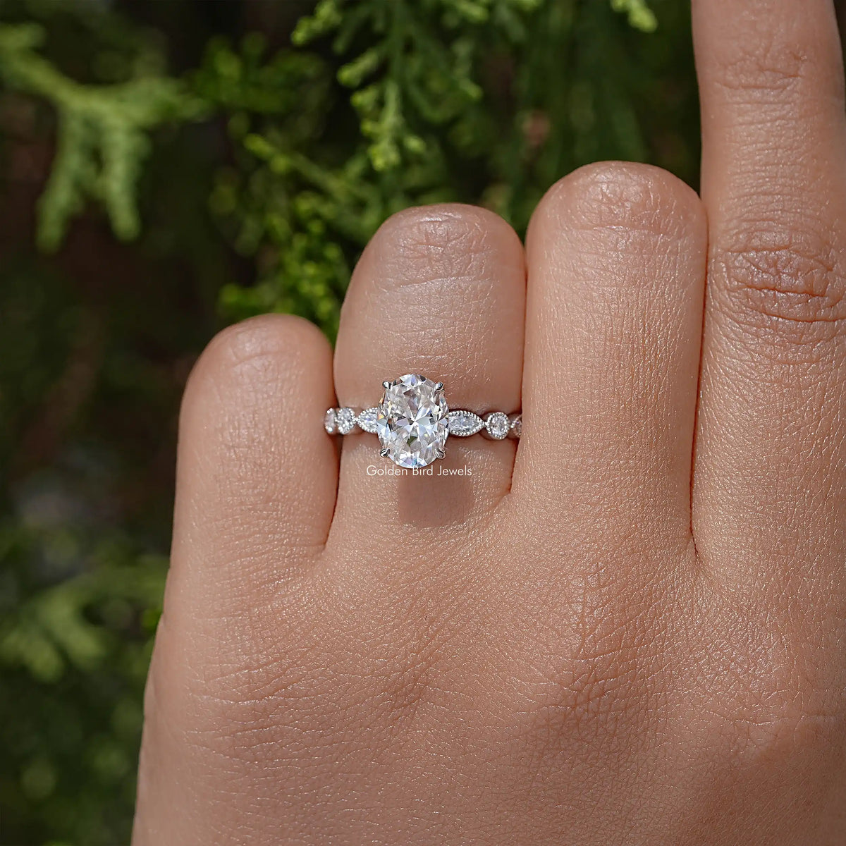 Oval Cut Moissanite Miligraine Set Engagement Ring