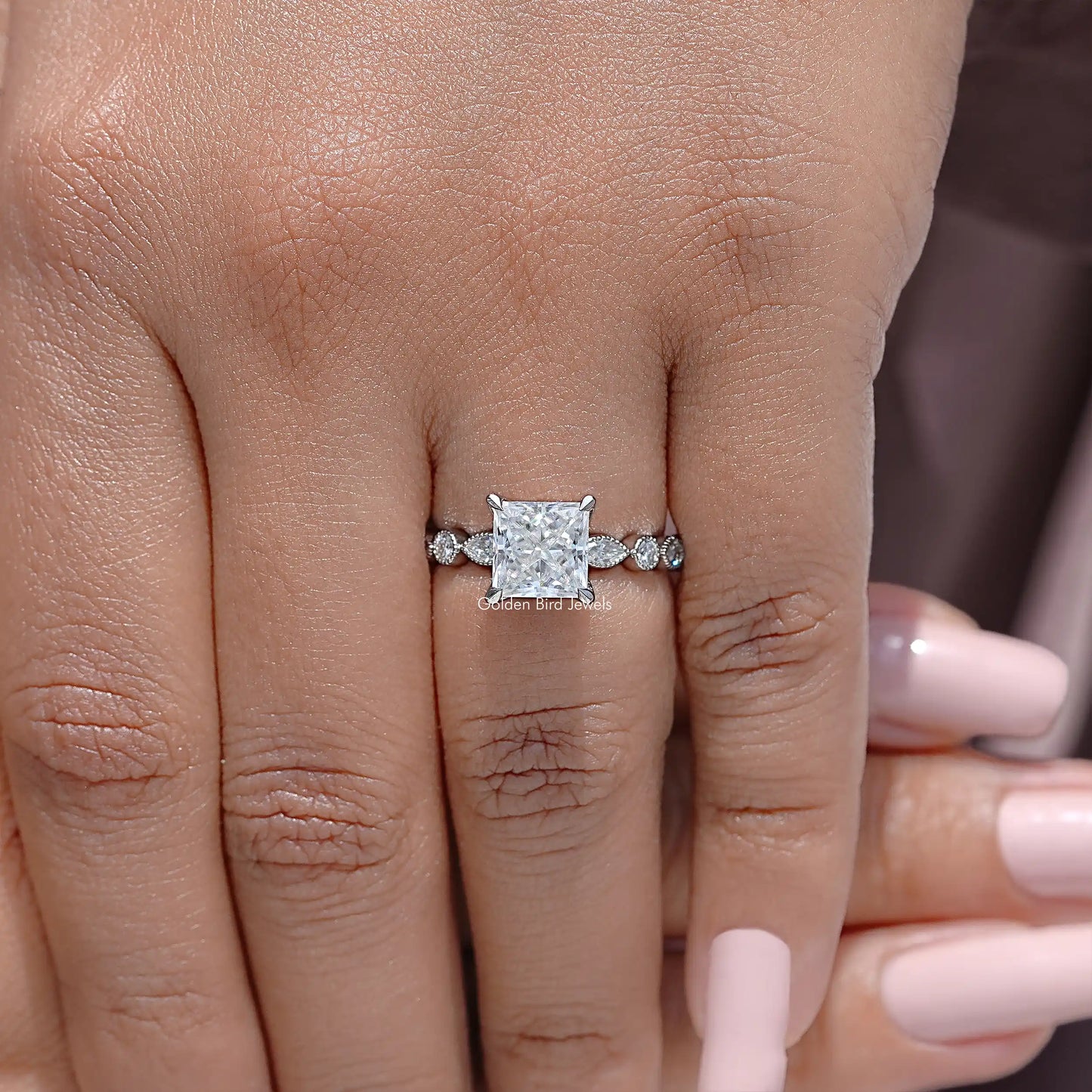 Princess Cut Moissanite Miligraine Set Wedding Ring