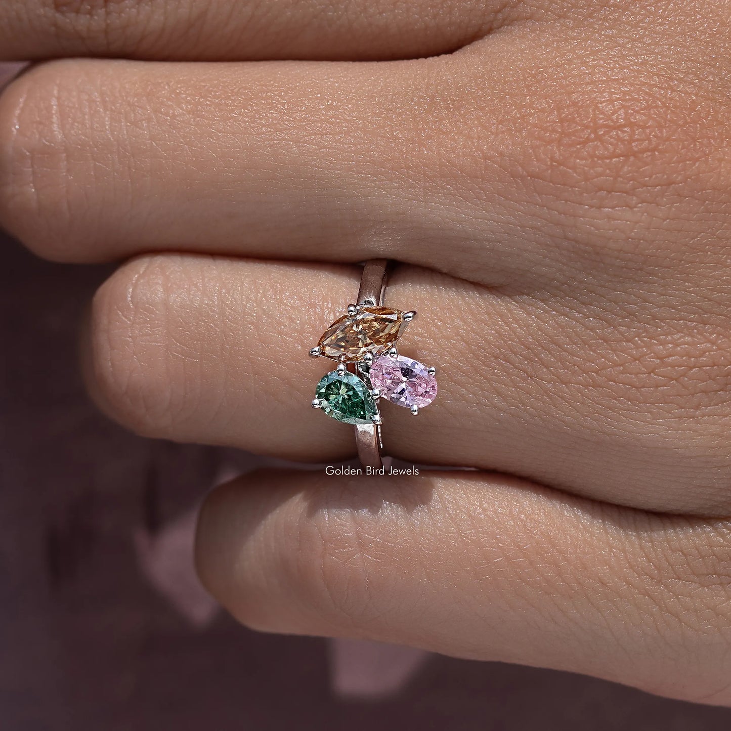 Three Stone Moissanite Gemstone Engagement Ring