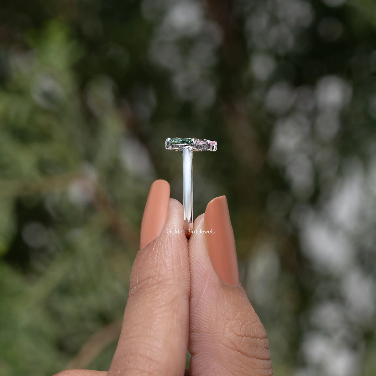 Three Stone Moissanite Gemstone Engagement Ring
