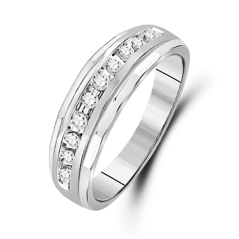 Channel Set Moissanite Accent Step Wedding Band