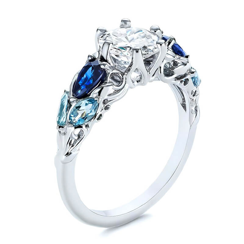 Moissanite And Cluster Sapphire Filigree Vine Engagement Ring