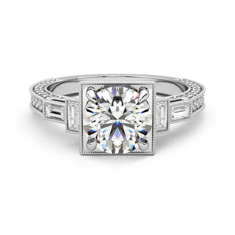 Moissanite With Baguette Accents Milgrain Pave Engagement Ring