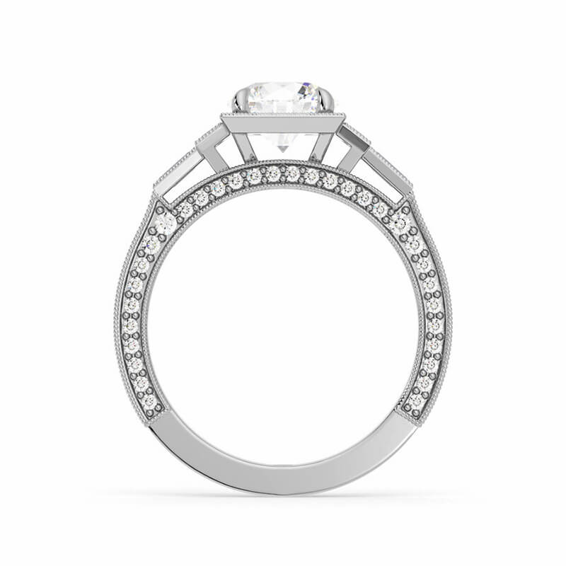 Moissanite With Baguette Accents Milgrain Pave Engagement Ring