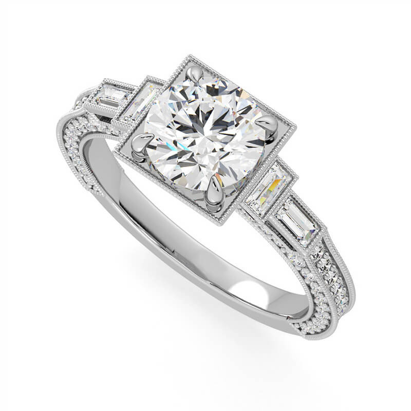 Moissanite With Baguette Accents Milgrain Pave Engagement Ring