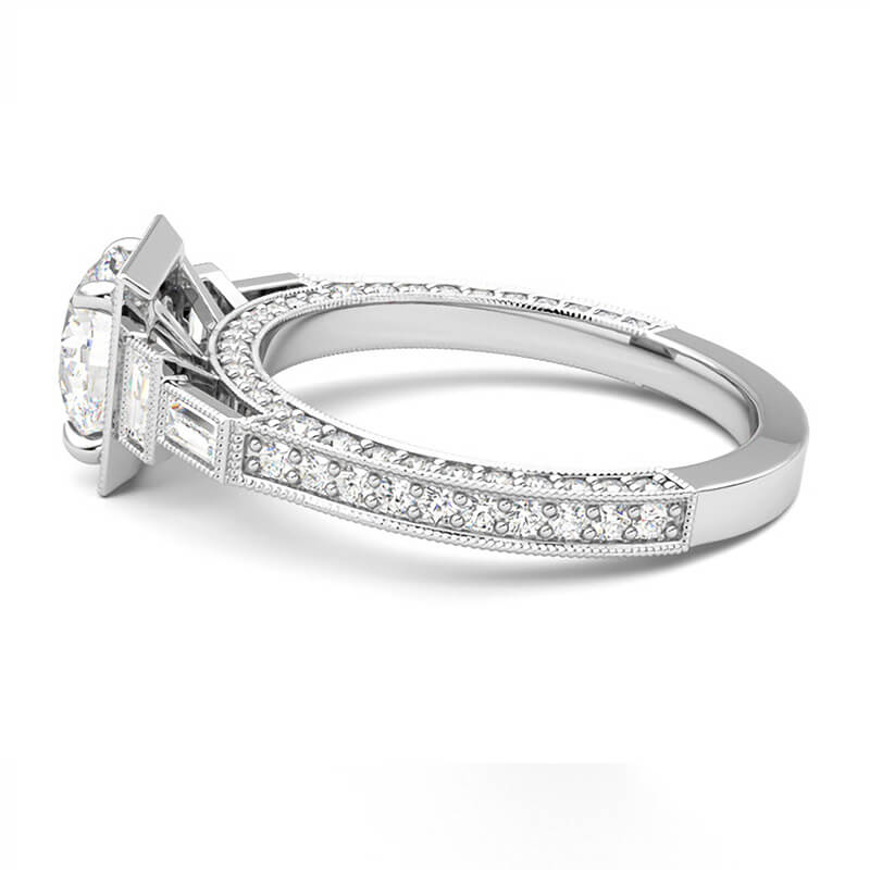 Moissanite With Baguette Accents Milgrain Pave Engagement Ring