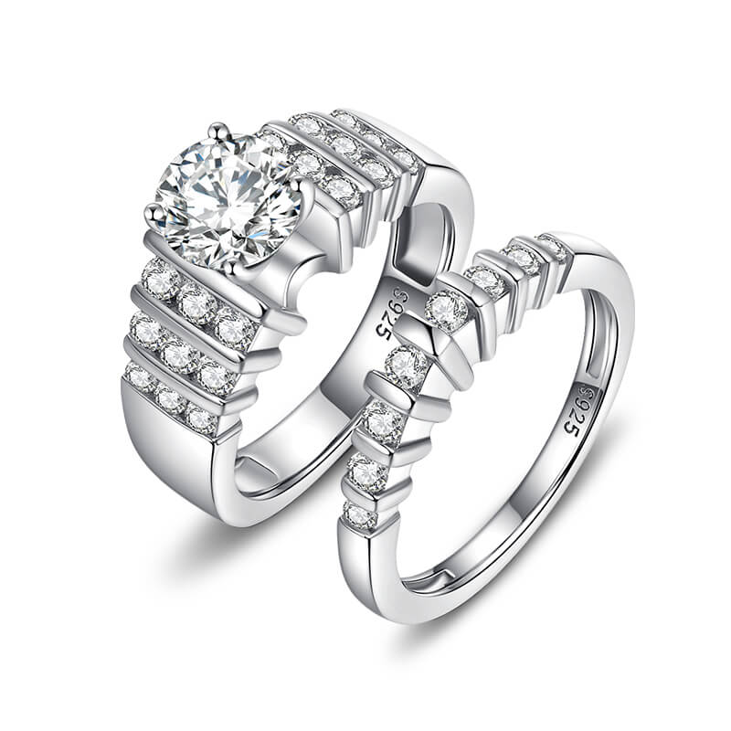 Moissanite With Bar Set Accents Bridal Engagement Ring Set