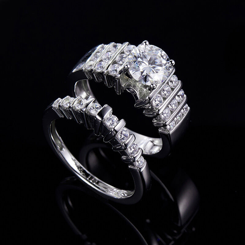 Moissanite With Bar Set Accents Bridal Engagement Ring Set