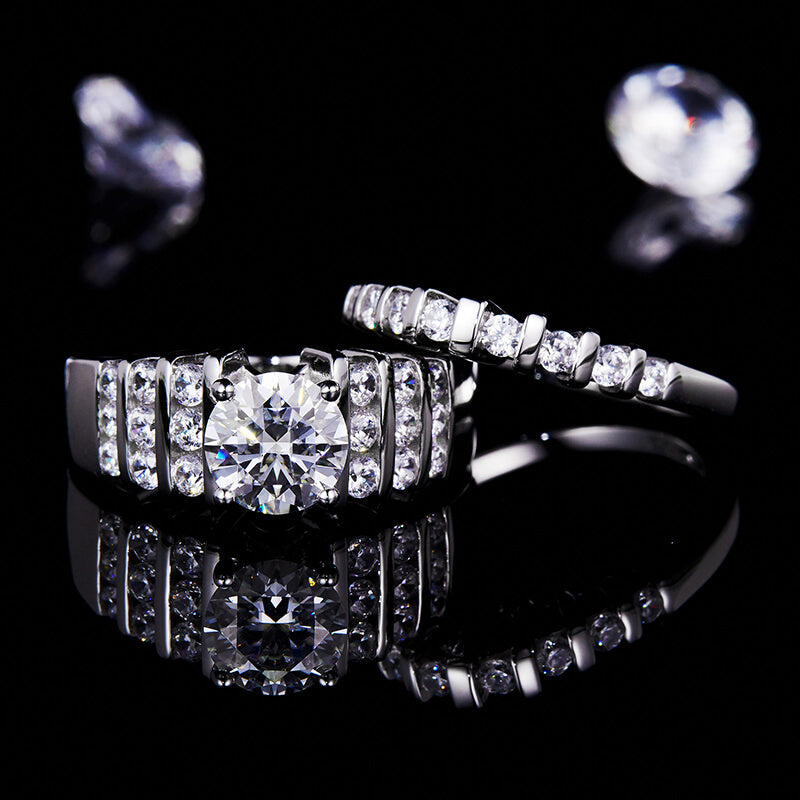 Moissanite With Bar Set Accents Bridal Engagement Ring Set